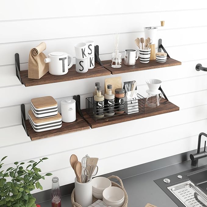 YGEOMER Floating Shelves for Wall, Different Sizes Dark Carbonized Pine Wall