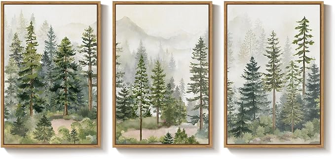 Large Framed Green Forest Landscape Wall Art for Living Room, 3 Piece Nature Pine Tree Woodland Artwork for Walls, White Foggy Mountain Modern Nordic Scenic Bedroom Office Print Wall Decor, 24x36 Inch