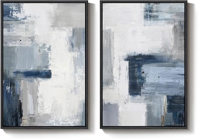 Large Framed Blue Gray Abstract Wall Art Set of 2, Modern Canvas Artwork