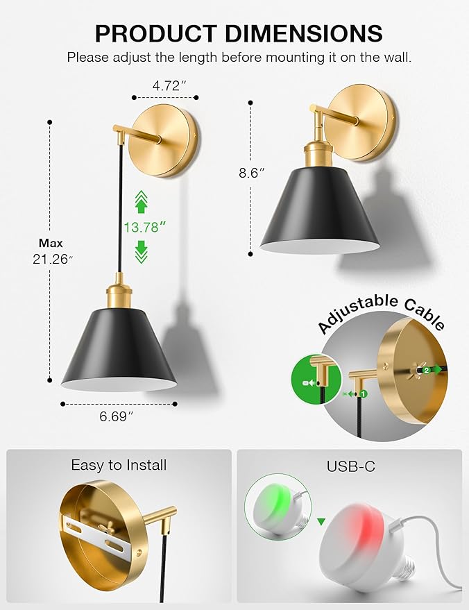 NIORSUN Gold & Black Battery Operated Wall Sconce Set of 2, 5200mAh Dimmable