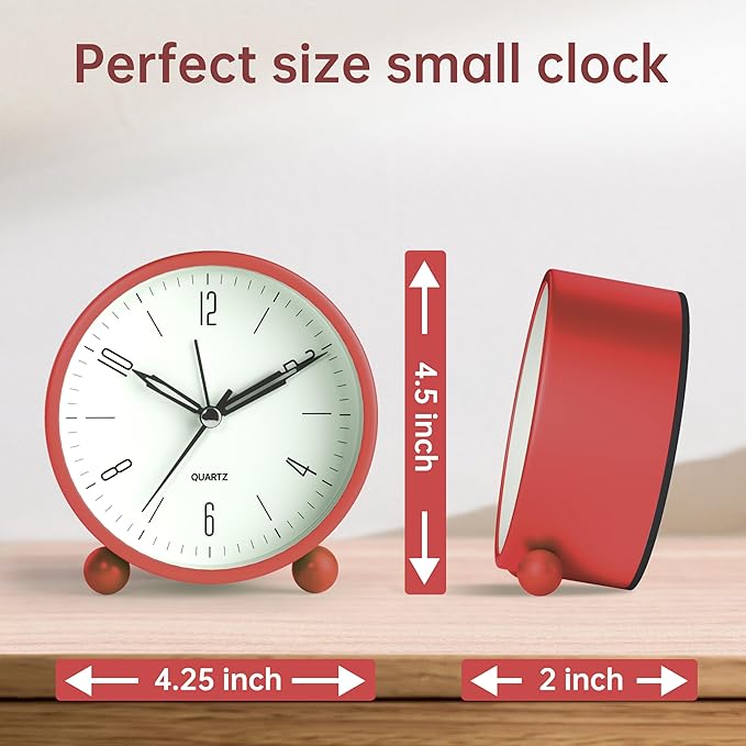 Analog Alarm Clock, 4 inch Super Silent Non Ticking Small Clock with Night Light, Battery Operated, Simple Design, Old Fashioned Style Wine-red Decor, for Bedroom, Bedside, Desk, Adult, Kid, Gift, Red