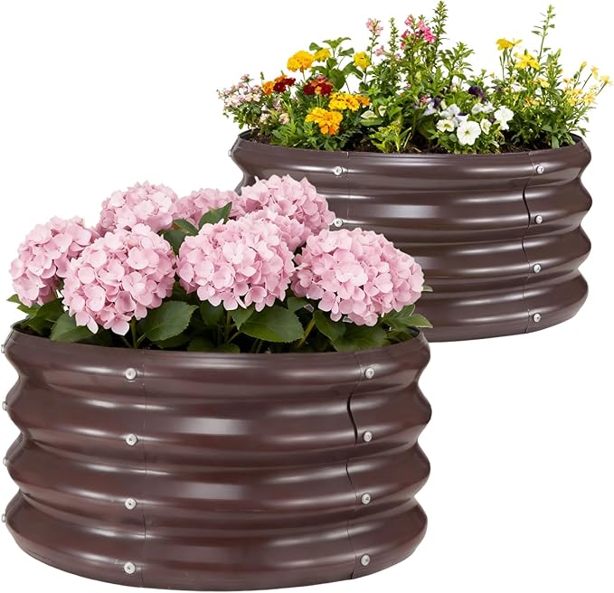 GOOZOO 2PC Galvanized Planter Raised Garden Beds, 2x2x1ft Raised Garden Bed Kit for Gardening Outdoor, Round Metal Land Planter Box for Vegetables, Fruits, Flowersï¼Brownï¼