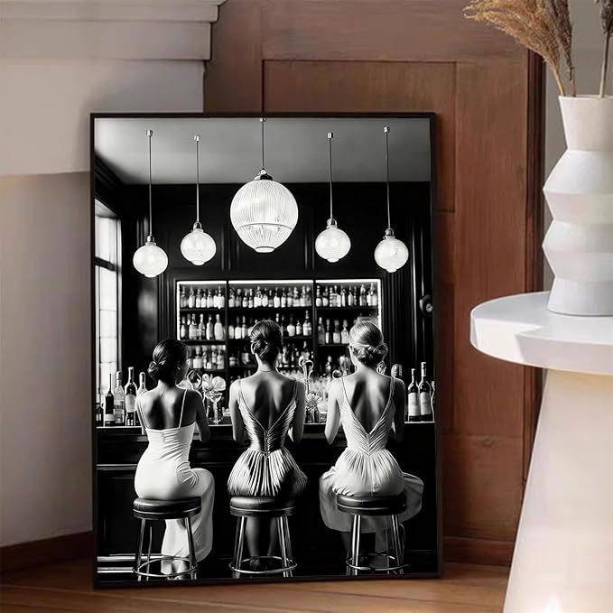Vintage Black and White Black Framed Wall Art Trendy Women Drink Cocktail