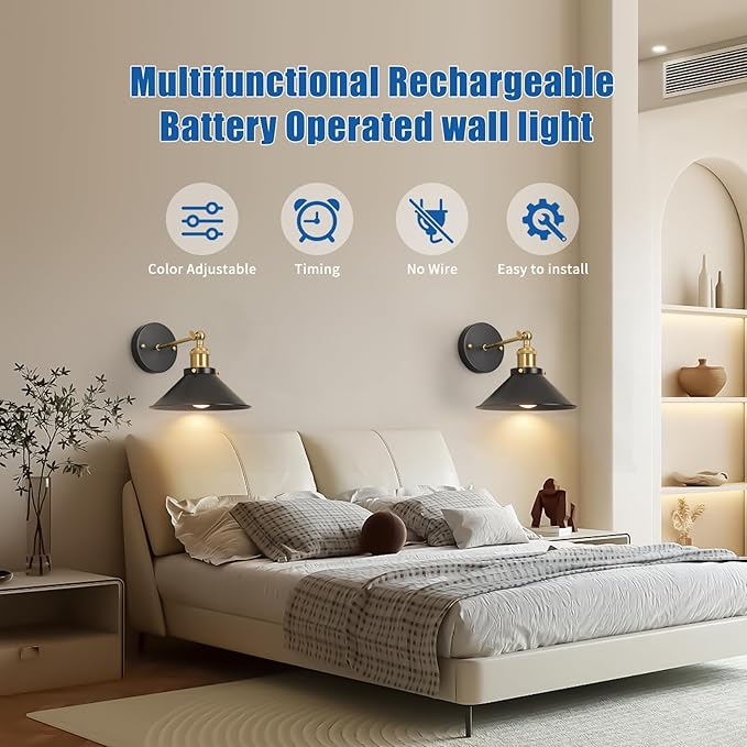 Bailoch Black & Gold Vintage Rechargeable Battery Operated Wall Sconces