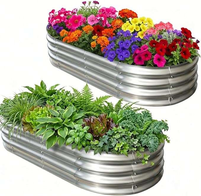Galvanized Raised Garden Bed for Outdoor: 4X2X1ft Durable Metal Vegetable Plant Container Kit - Oval Planter Box for Gardening Flower Trough ï¼2 Packï¼