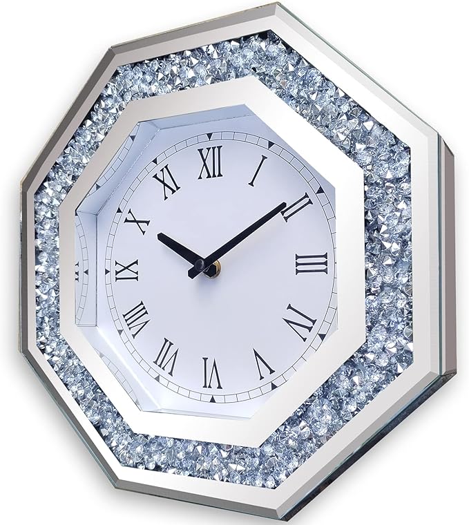 Wall Clock, Octagon Mirror Glass Clock, Cute Diamond 12-inch Non-Ticking Clock