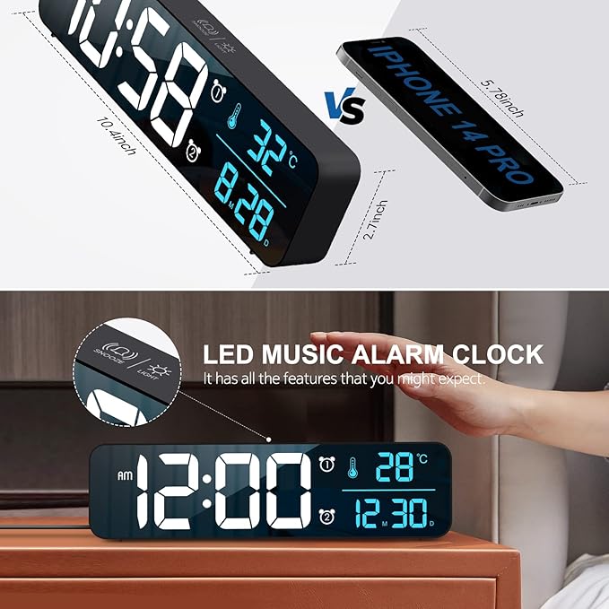 Hournor Digital Clock for Bedroom, Digital Wall Clock for Living Room Decor, Desk Table Clocks, Digital Clock Large Display, Bedroom Smart Alarm Clock for Office Blue
