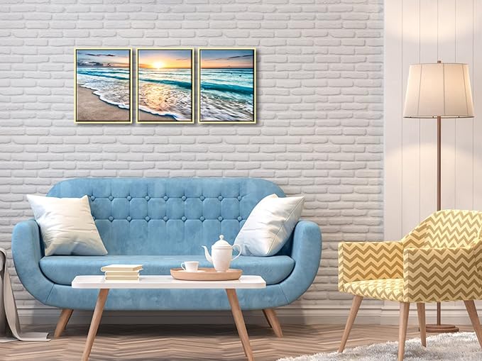 Wieco Art Framed Canvas Wall Art 3 Panel Blue Beach