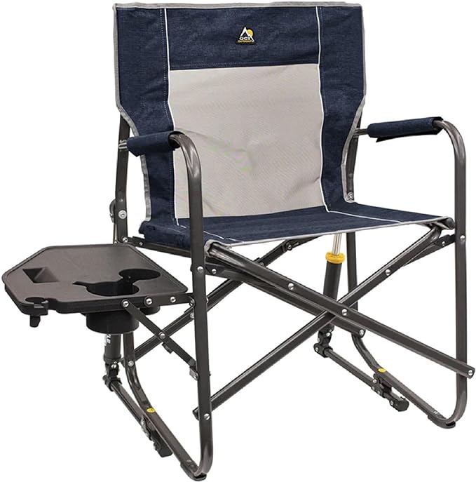 GCI OUTDOOR Freestyle Rocker with Side Table Camping Chair | Portable Folding Rocking Chair with Solid, Durable Armrests, Drink Holder & Comfortable Backrest â Heathered Indigo