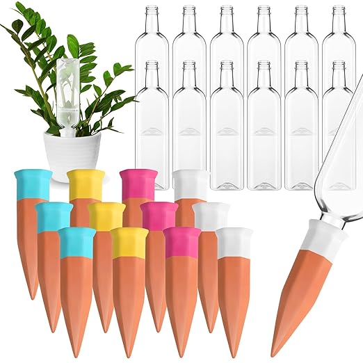 12 Pack Plant Watering Devices, Terracotta Self Watering Spikes with 25 oz Plastic Wine Bottles, Slow Release Plant Waterer Self Watering Planter for Vacation Indoor Outdoor Plant