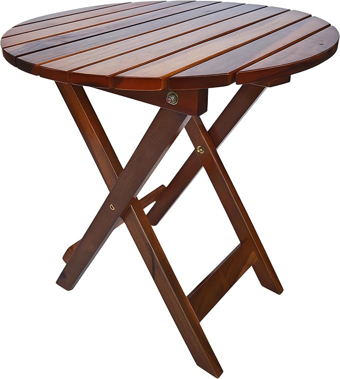 Outdoor Wooden Side Table, Folding Patio End Table, Small Round Furniture Table for Adirondack Chair, Balcony, Porch, Acacia Wood, No Assembly, Brown