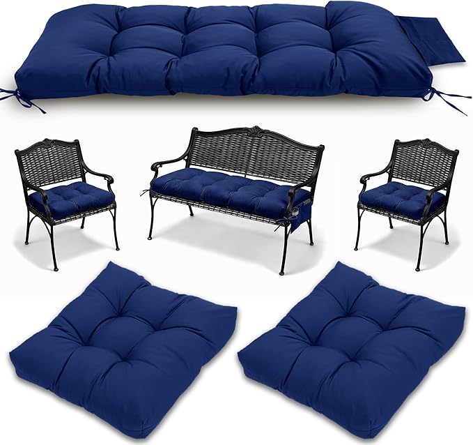 3 Pcs Wicker Chair Cushions Patio Loveseat Chaise Cushion Set - 1200D 47x19*4 Inch Waterproof Wicker Bench Cushions with 2 19x19x4 Inch Chair Cushions for Garden Porch Wicker Patio Furniture(Navy)