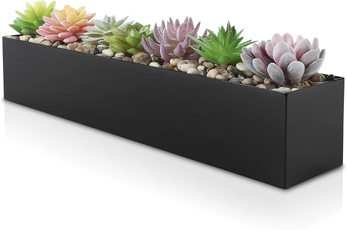 Modern Black Trough Rectangular Planter, 16â Metal Window Planter Box for Succulent, Small Rectangle Box for Desk or Windowsill, Stainless Steel, Great Gift Ideas for Women Men