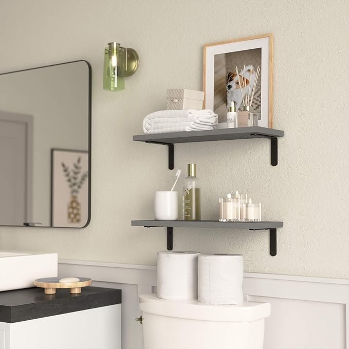 RICHER HOUSE Rustic Wood Bathroom Shelves Set of 2, Farmhouse Style Floating