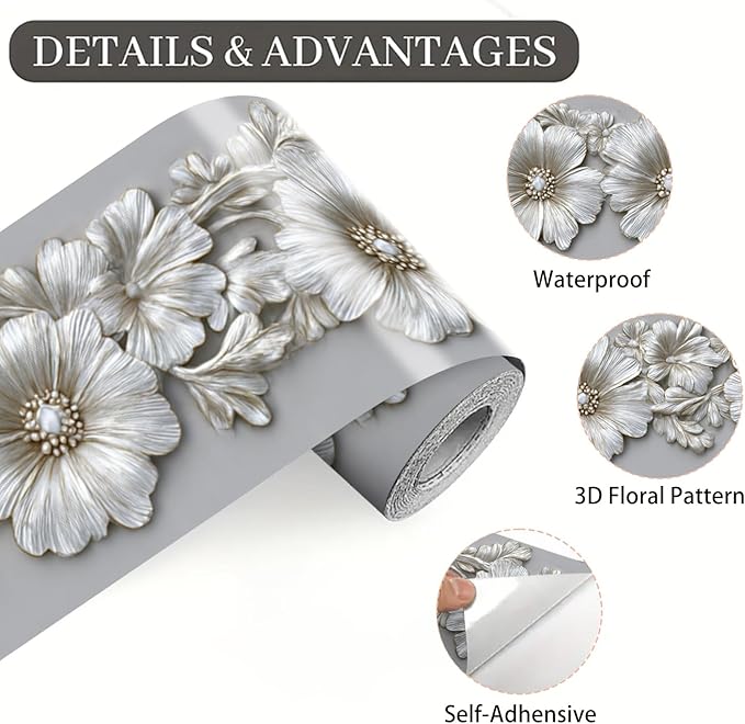Silver Floral Wallpaper Border 196x4 Inch Peel and Stick Wall Border Metallic