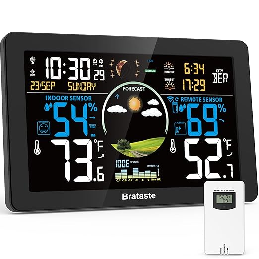 Weather Station Wireless Indoor Outdoor, Digital Thermometer with Remote Sensor, 7.5'' HD VA Display Home Weather Stations, Accurate Temperature Humidity Gauge with Weather Forecast, Atomic Clock