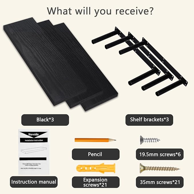 Vervida® 3 Pack Black Floating Shelves, Holds Up to 37 Lbs,