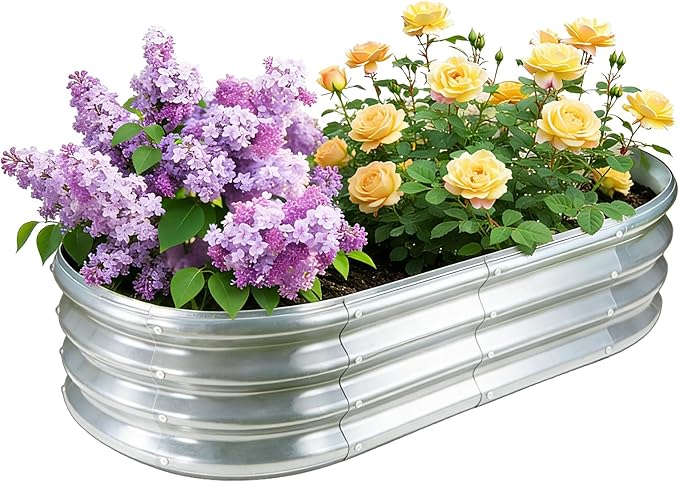 GOOZOO Galvanized Planter Raised Garden Bed, 4x2x1 ft Raised Garden Bed Kit for Gardening Outdoor, Oval Metal Land Planter Box for Vegetables, Flowers, Herbs, Fruits, Easy Assemblyï¼Silverï¼
