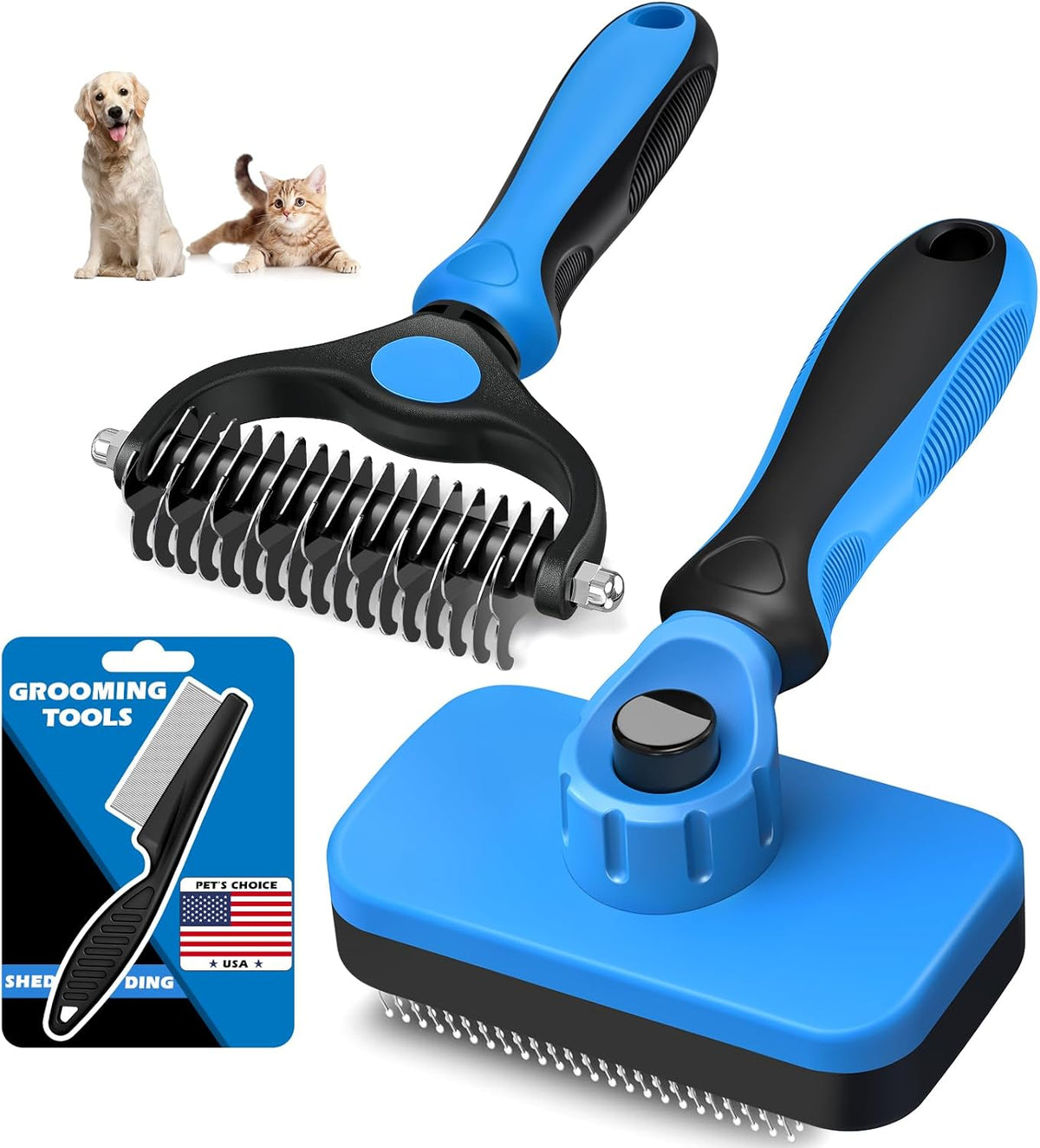Skiennix Self-Cleaning Slicker Brush Set - Double-Sided Dematting Comb & Flea Comb for Dogs, Cats & Horses | Premium Grooming Tools (Blue)