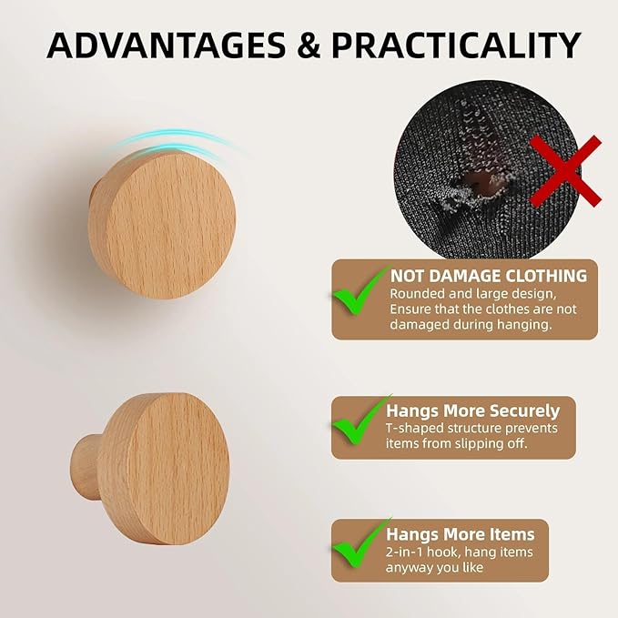 4 Pack Wood Hooks No Damage Wall Hooks Round Rings Adhesive Hooks Clothes