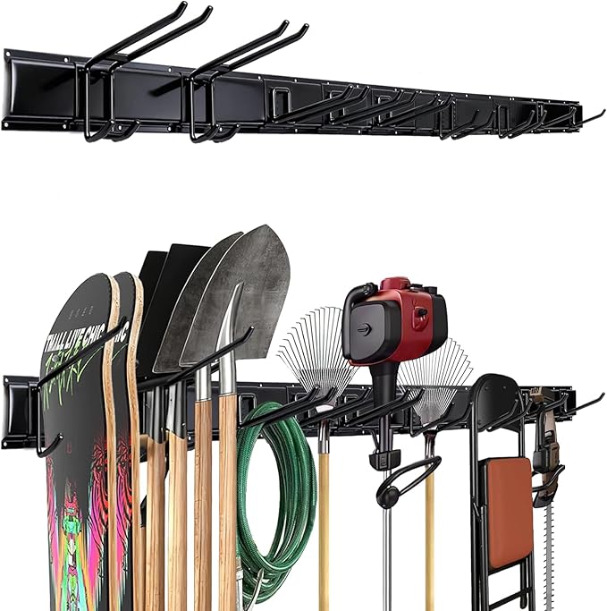 66'' Heavy-Duty Garage Tool Organizer Wall Mount â 720lbs Capacity Metal Rack with Adjustable Hooks for Rake, Broom, Shovel, Snowboard & Garden Tools