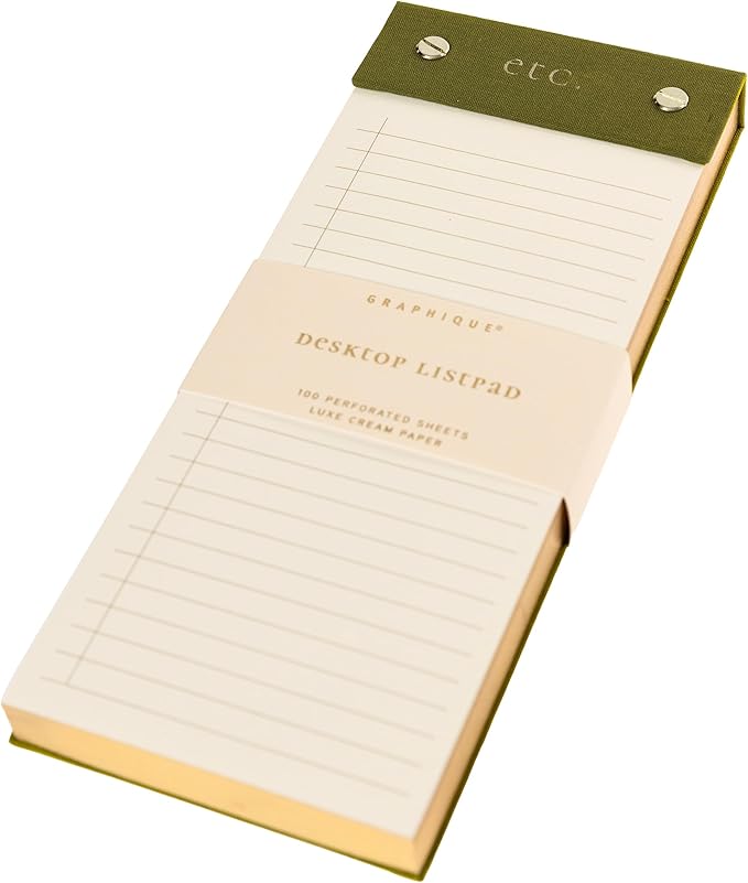 Graphique Post-Bound List Pad Luxe Collection, Perforated Sheets To-Do Notepad, Hardcover Binding, Gold Foil Embossing, 100 Pages, 4” x 9.75”, Olive Green