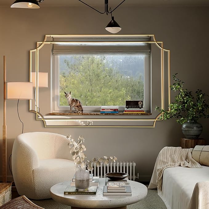 HQiJun Gold Mirror for Wall, Polished Bevelled Rectangle Mirror, Modern