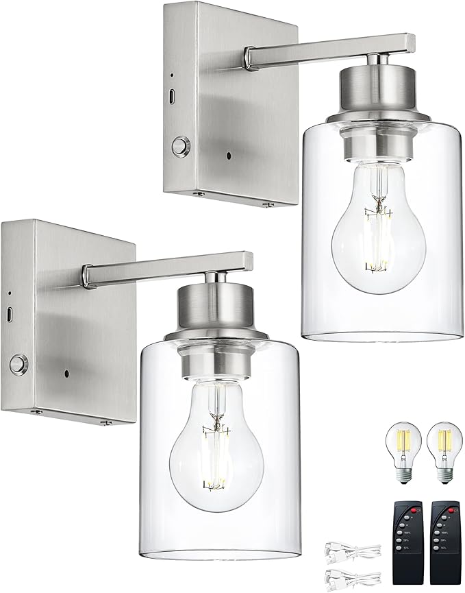 Rayogale Wireless Wall Sconces, Nickel Battery Operated Wall Sconce Set of 2