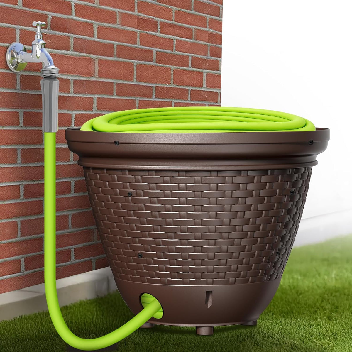 Riokko Garden Hose Holder Pot, Decorative Wicker Hose Holder, Water Hose Storage for Outside/Garage, Hose Box Fits 100-400 FT Hoses with 5 Drain Holes, Large Capacity & Assembly Required, Java
