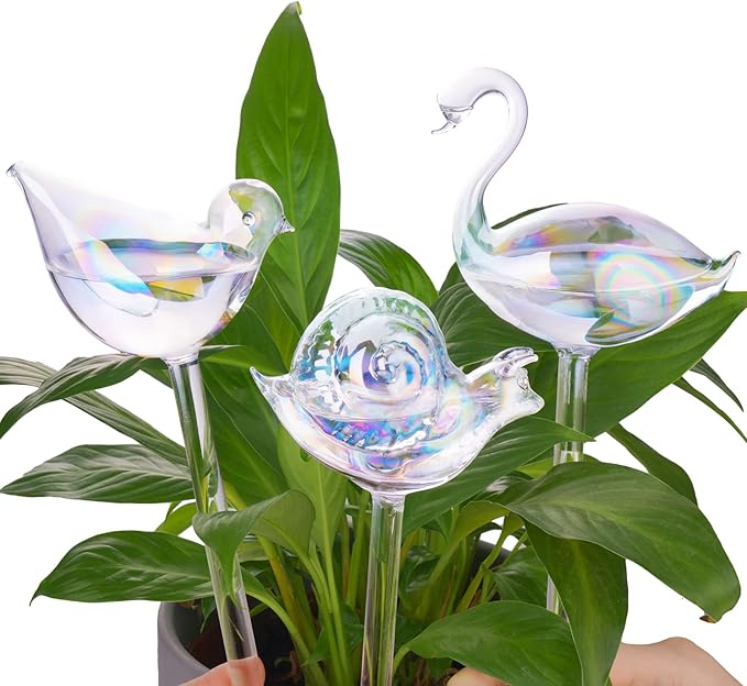 NiHome Glass Plant Self Watering Bulbs 3-Pack Iridescent Pearl Home Potted Planter Watering Bulbs Insert Decorative Devices Vacation Automatic Watering Spikes Indoor and Outdoor (Swan, Snail & Bird)
