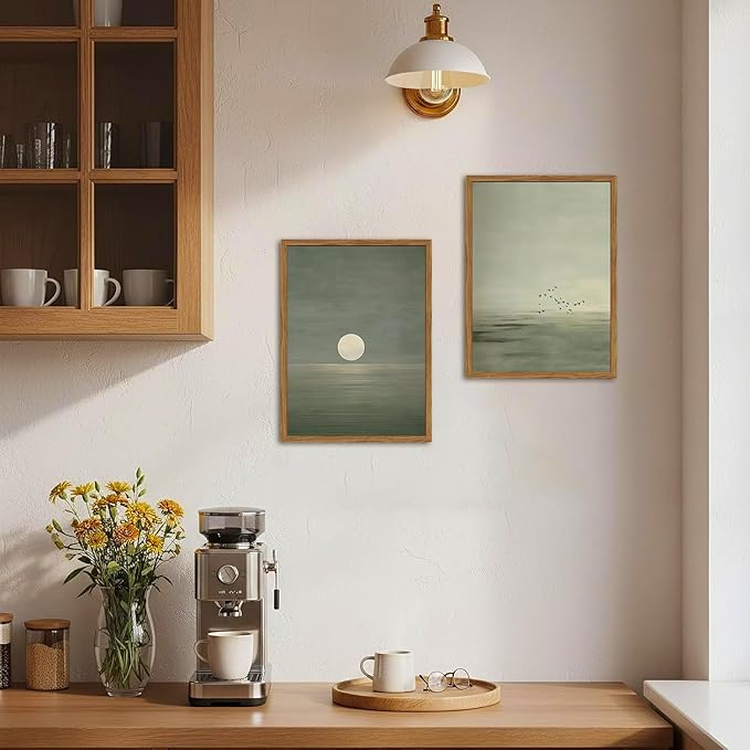 Framed Sage Green Japanese Canvas Wall Art Set of 2, Minimalist Moon and Birds