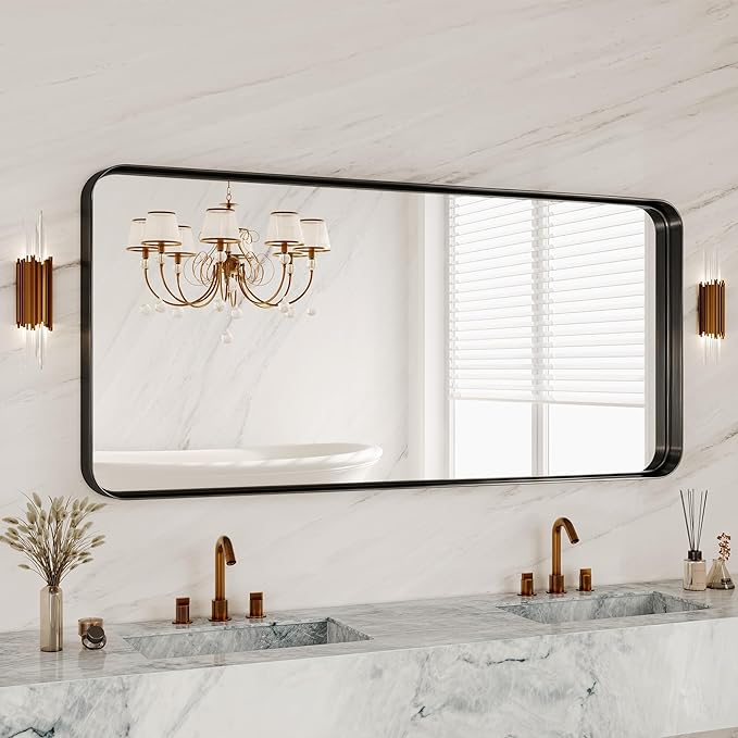 60X28 Inch Black Metal Framed Bathroom Mirror