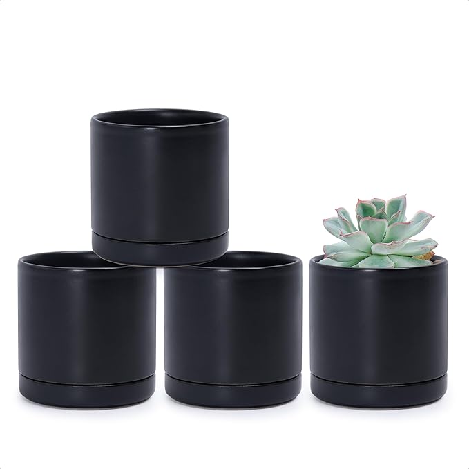 D'vine Dev Set of 4 Small Ceramic Plant Pots, 3.5 Inch Succulent Planter Pot for Plants with Drainage Hole and Saucer, Black, 94-X-A-2