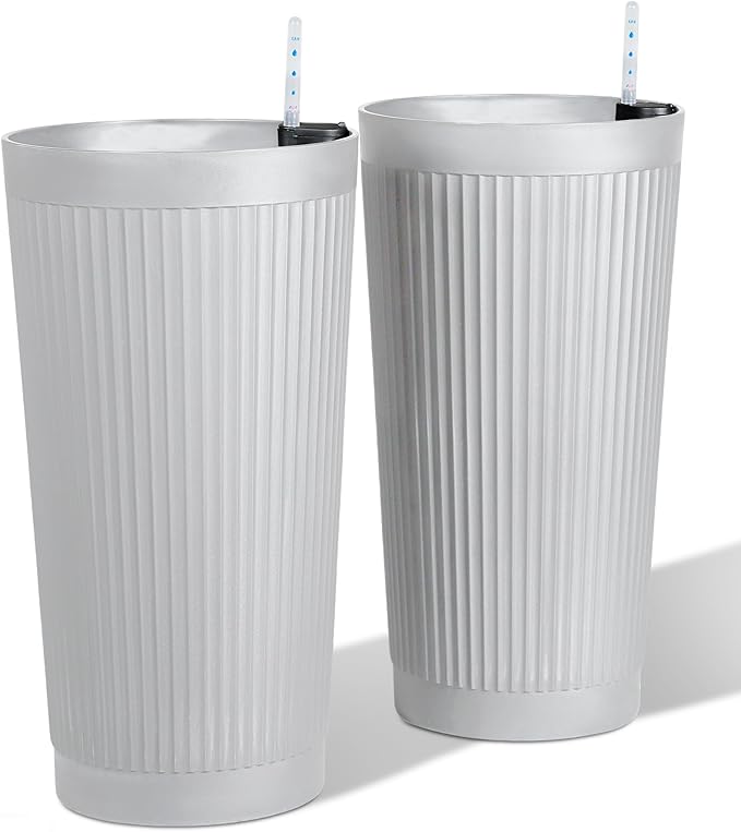 24â Tall Outdoor Planters Set of 2, Self Watering Flower Pots White Planters for Outdoor Plants, Modern Plastic Tall Planter for Front Porch, with Drainage Hole (Ribbed)