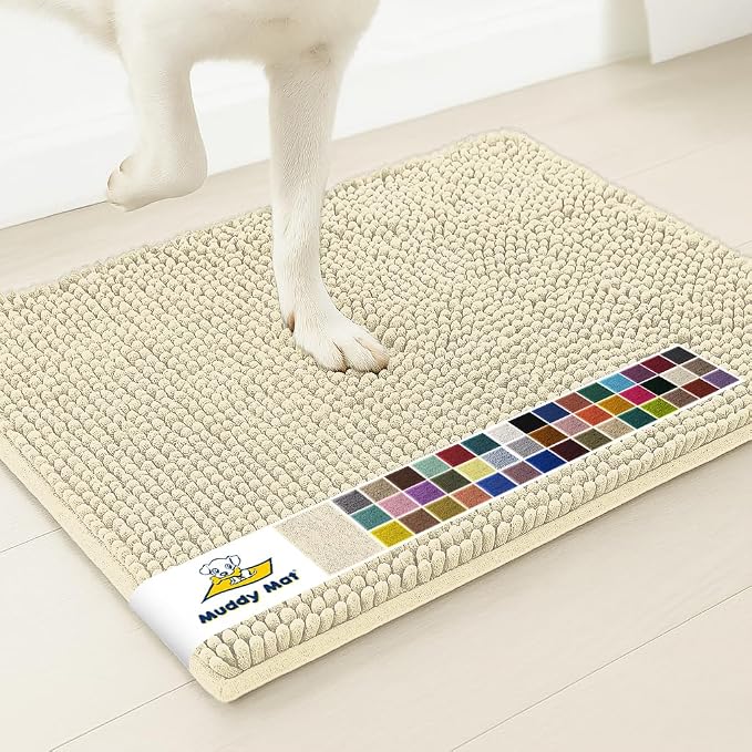 Muddy Mat® | Super Water Absorbent Door Mat Indoor, Microfiber Quick Dry Chenille Entryway Rug, Slip Resistant Front Door Mat, Indoor Mats for Entryway, Machine Washable Pet Rug, Ivory 24" x 120"