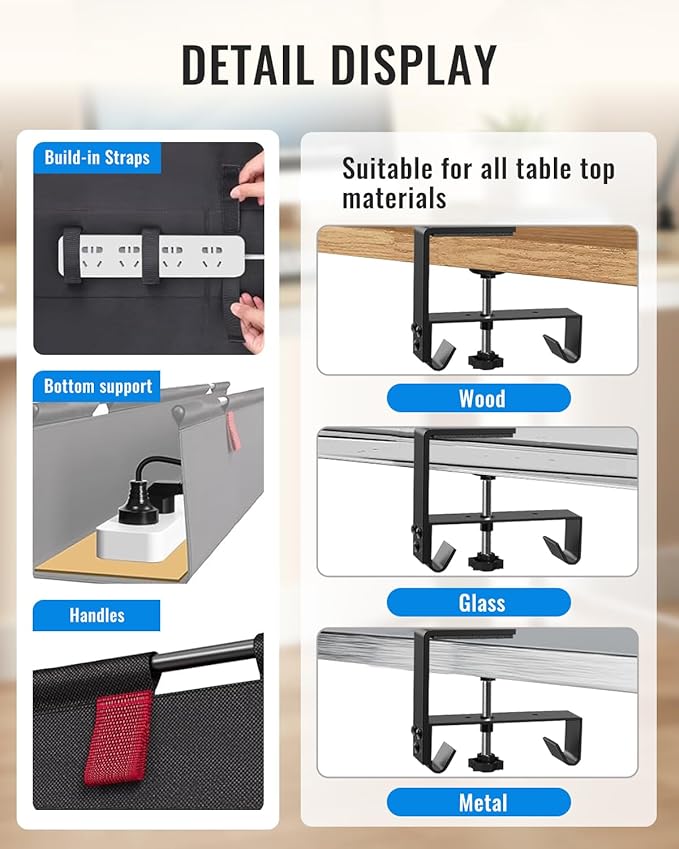 28" No Drill Under Desk Cable Management Tray - Upgraded Oxford Fabric with Cable Loop, No Damage to Table for Standing Desks and Home Office (Regular (28 Inch))