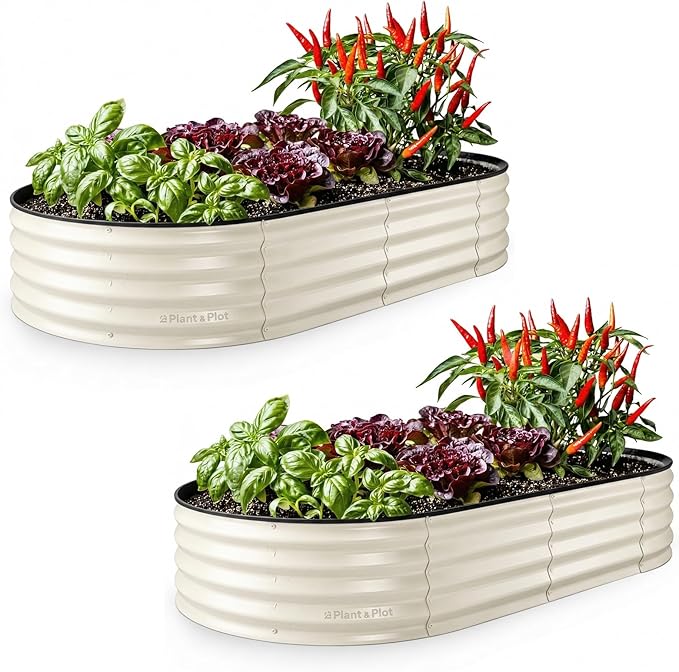 Plant & Plot Galvanized Raised Garden Beds Outdoor // 6Ã3Ã1 ft (2-Pack) Planter Raised Beds for Gardening, Vegetables, Flowers // Large Metal Garden Box // Patented Tool-Free Design (White)