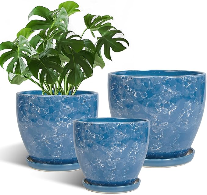 Ceramic Flower Pots - 10 Inch 8 Inch 6 Inch Plant Pots with Drainage Holes and Plant Saucers, Round Modren Planters for Indoor Outdoor, Garden Decor, Gifts for Plant Lovers, Set of 3, Blue