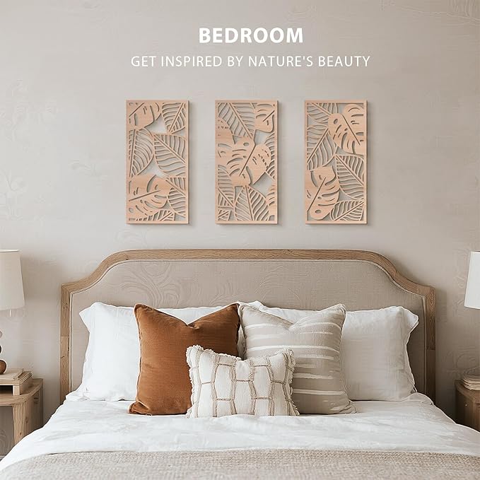 VIYYIEA Boho Solid Wood Carved Wall Art Set of 3, Geometric Minimalist Wooden