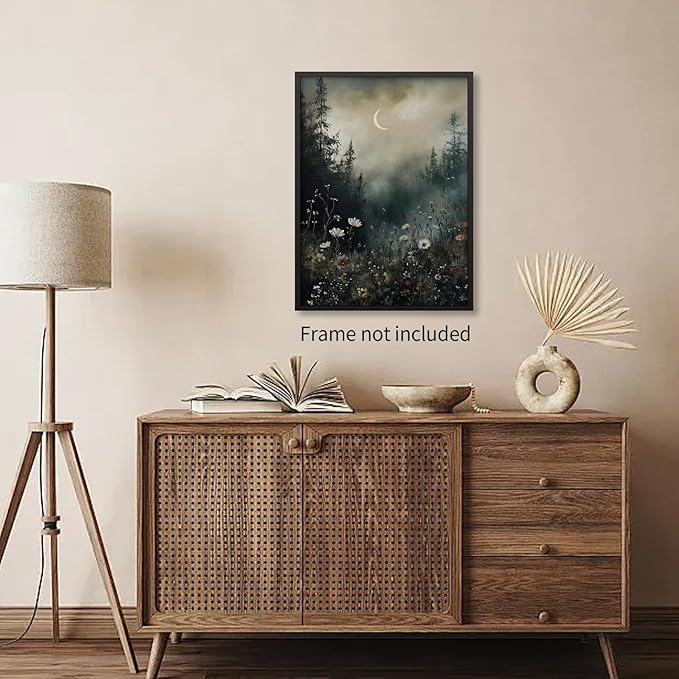 rumlud Dark Flower Field Poster Vintage Moody Academia Wall Art Nature Black