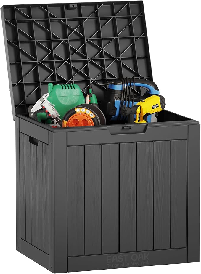 EAST OAK Outdoor Storage Box, 31 Gallon Deck Box, Waterproof Resin Storage Bin for Patio Cushions, Gardening Tools, Accessories, Lockable, UV Resistant, Black