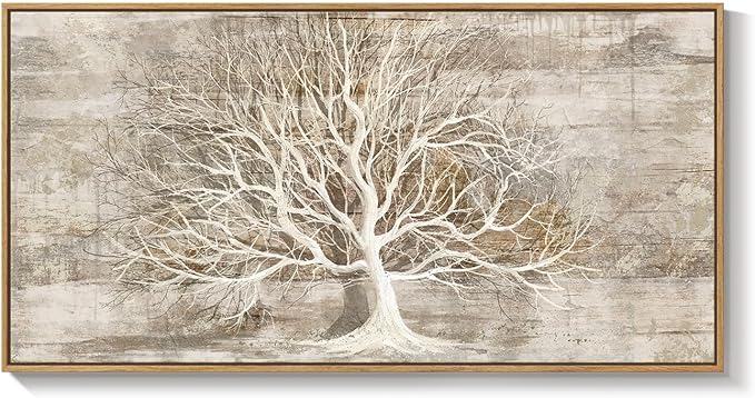 Framed Vintage Tree of Life Wall Art, Neutral Rustic Farmhouse Tree Canvas