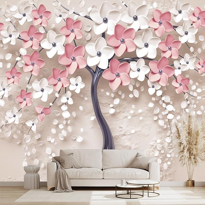 3D Relief Abstraction Pink Flowers Tree Mural Bedroom Floral Wallpaper Room
