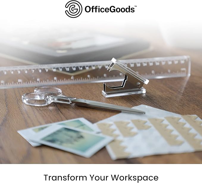 OfficeGoods 3 Piece Acrylic Desk Set - Includes Ruler, Staple Remover, Scissors - Functional & Elegant Desk Accessories - Stationary Tools for Home, Office, and School - Silver