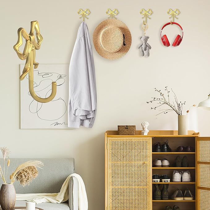 2Pcs Large Size Gold Bow Wall Hook, Metal Hook, Bow Room Decor Hooks