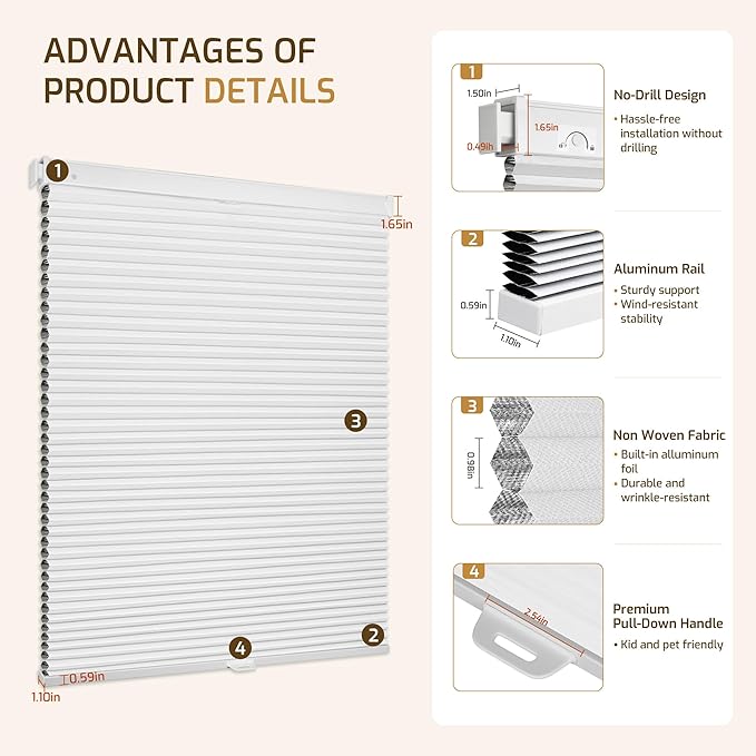 Grandekor No Drill No Tools Cordless Cellular Shades, UV Protection Privacy No