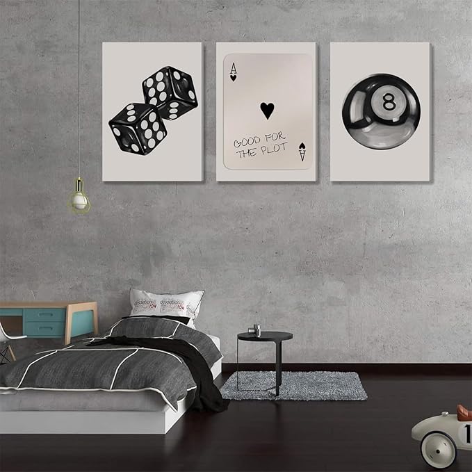 BOKPEN 3Pcs Black and White Poker Dice Canvas Wall Art Funky Retro Y2K Trendy