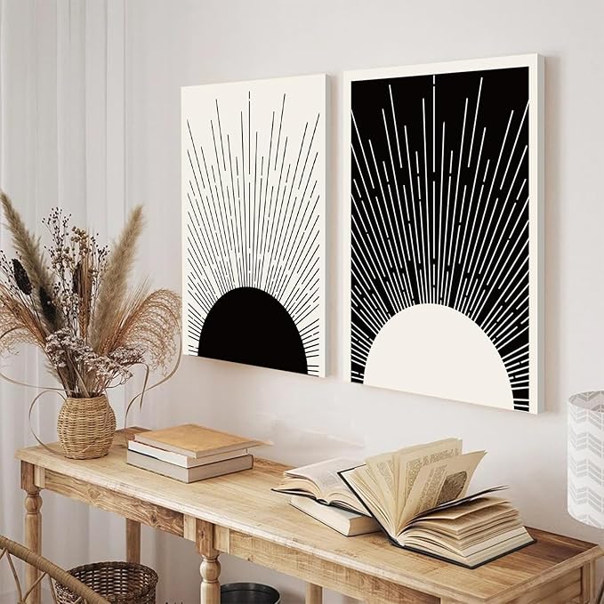 Hwetui Framed Boho Sun Wall Art Set of 2 Black and White Minimalist Sunrise