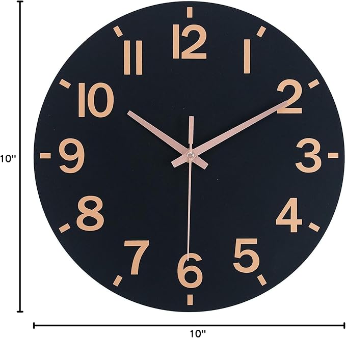 HZDHCLH Wall Clock 10 Inch Silent Non Ticking Wood Battery Operated Black