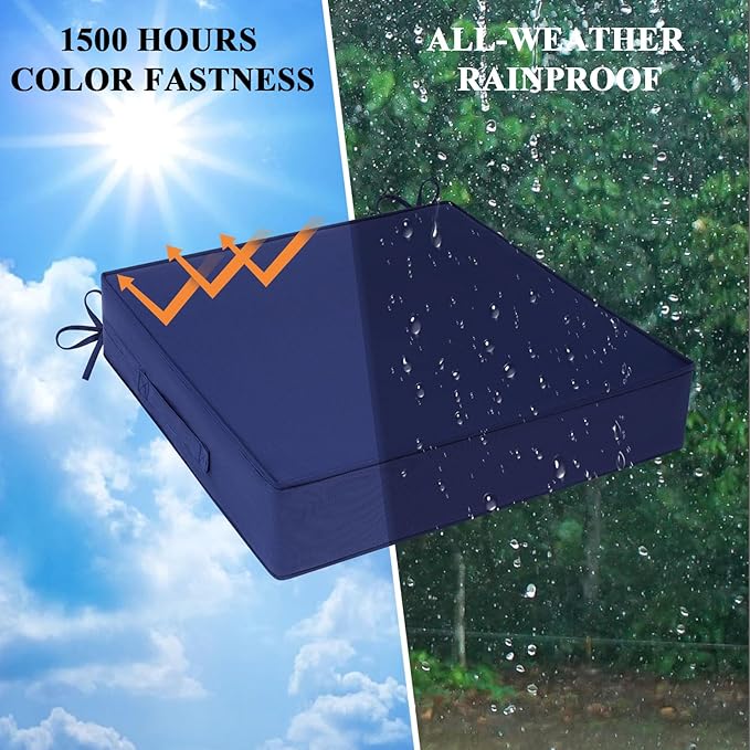 Outdoor Chair Cushions 19x19x4 Inch, Waterproof Blue Patio Furniture Cushions Set of 2 with Ties & Handle, 3 Year Color Fastness Square Replacement Seat Cushions for Sofa, Couch